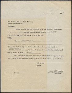 Joseph Moro (Sacco-Vanzetti Defense Committee) printed form (copy) to The Atlantic National Bank of Boston, Boston, Mass., September 9, 1927