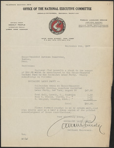 Arnold Petersen (Office of the National Executive Committee, Socialist Labor Party of America) typed letter signed to Sacco-Vanzetti Defense Committee, New York, N. Y., September 9, 1927