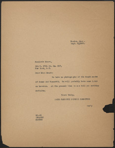 Mary Donovan (Sacco-Vanzetti Defense Committee) typed note (copy) to Marjorie Means, Boston, Mass., September 9, 1927