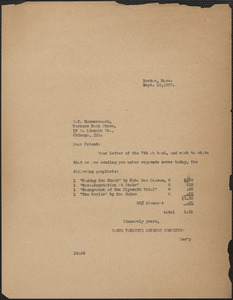 Joseph Moro (Sacco-Vanzetti Defense Committee) typed note (copy) to S. T. Hammersmark (Workers' Book Store), Boston, Mass., September 10, 1927