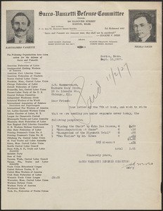 Joseph Moro (Sacco-Vanzetti Defense Committee) typed note signed to S. T. Hammersmark (Workers Book Store), Boston, Mass., 10 September 1927