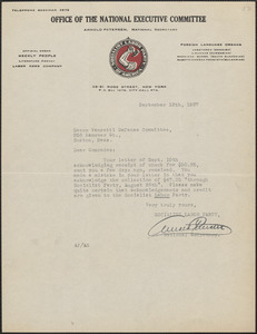 Arnold Petersen (Socialist Labor Party, Office of the National Executive) typed note signed to Sacco-Vanzetti Defense Committee, New York, N. Y., September 12, 1927