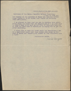 David Burgess typed letter signed to Sacco-Vanzetti Defense Committee, Renton, Wash., September 12, 1927