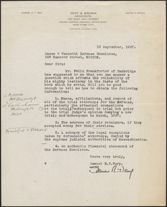 Samuel R. T. Very typed letter signed to Sacco-Vanzetti Defense Committee, New York, N. Y., September 13, 1927