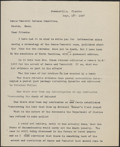 Joseph Moro (Sacco-Vanzetti Defense Committee) typed letter (copy), in Italian, to Sam M. Lucia (Sacco-Vanzetti Defense Committee, Rochester), Boston, Mass., September 14, 1927