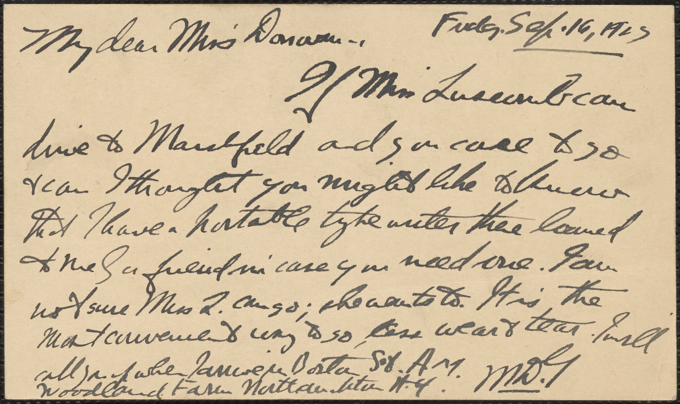 MDG autograph note (postcard) to Mary Donovan, Newburyport, Mass., September 16, 1927
