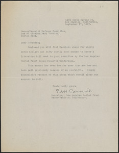 Tom Connors (Los Angeles United Front Sacco-Vanzetti Conference) typed letter signed to Sacco-Vanzetti Defense Committee, Los Angeles, Calif., September 17, 1927