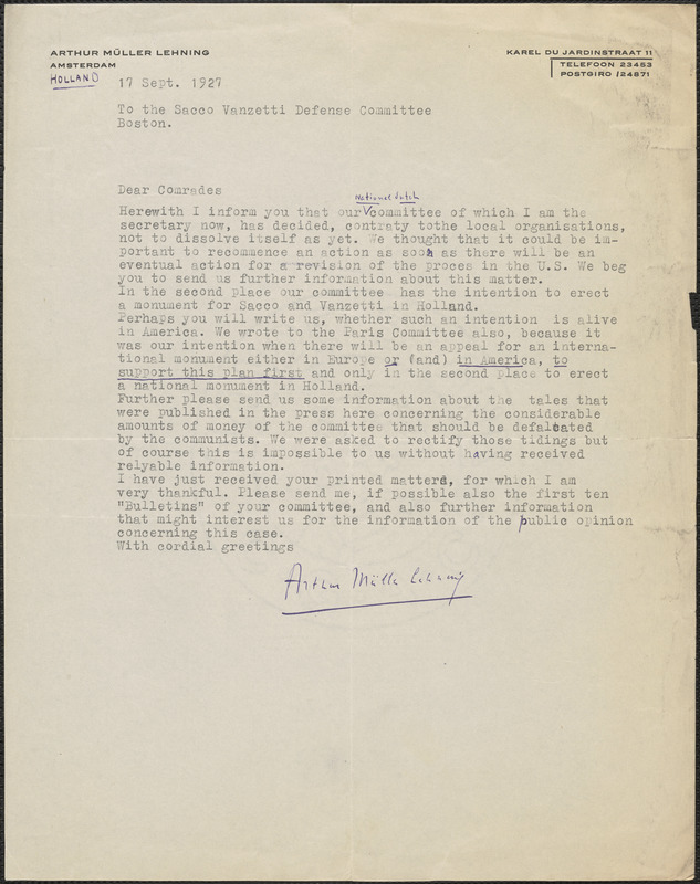 Arthur M. Lehning typed letter signed to Sacco-Vanzetti Defense Committee, Amsterdam, The Netherlands, September 17, 1927