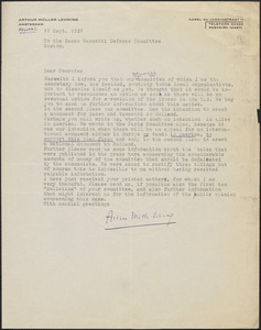 Arthur M. Lehning typed letter signed to Sacco-Vanzetti Defense Committee, Amsterdam, The Netherlands, September 17, 1927