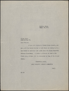 Mary Donovan (Sacco-Vanzetti Defense Committee) typed note (copy) to Ellen Cope, Boston, Mass., September 19, 1927