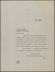 Mary Donovan (Sacco-Vanzetti Defense Committee) typed note (copy) Augustin Souchy (International Workingmen's Association), Boston, Mass., September 19, 1927