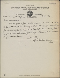 Alfred Baker Lewis (Socialist Party, New England District) autograph note signed to Sacco-Vanzetti Defense Committee, Boston, Mass., September 20, 1927