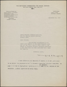 Winifred Chappell (The Methodist Federation For Social Service) typed note signed to Sacco-Vanzetti Defense Committee, New York, N. Y., September 21, 1927