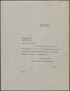 Mary Donovan (Sacco-Vanzetti Defense Committee) typed note (copy) to Nina Samorodin (National Council for Protection of Foreign Born Workers), Boston, Mass., September 22, 1927