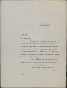 Mary Donovan (Sacco-Vanzetti Defense Committee) typed note to Ellen Cope, Boston, Mass., September 22, 1927