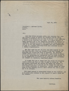 Sacco-Vanzetti Defense Committee typed letter (copy) to A. Lawrence Lowell, Boston, Mass., September 22, 1927