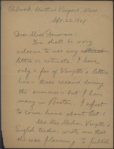 Alice Stone Blackwell autograph letter signed to Mary Donovan, Chilmark, Mass., September 22, 1927