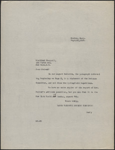 Sacco-Vanzetti Defense Committee typed note to Winifred Chappell (The Methodist Federation for Social Service), Boston, Mass., September 22, 1927