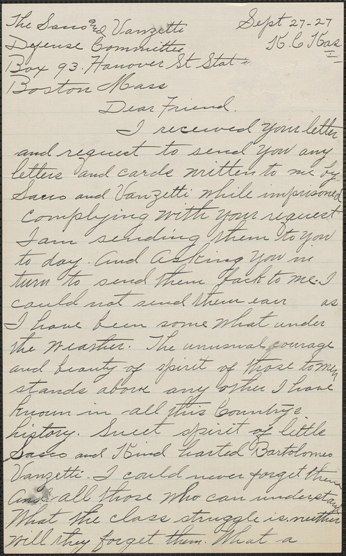 M. O'Sullivan autograph letter signed to Sacco-Vanzetti Defense ...