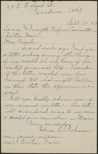 Edna L. Robinson autograph letter signed to Sacco-Vanzetti Defense Committee, Pasadena, Calif., September 28, 1927