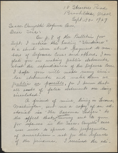 Lydia G. Wentworth autograph letter signed to Sacco-Vanzetti Defense Committee, Brookline, Mass., September 30, 1927