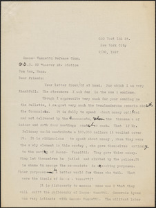 David Berkingoff typed letter signed to Sacco-Vanzetti Defense Committee, New York, N. Y., September 30, 1927