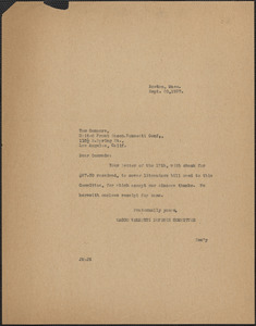 Joseph Moro (Sacco-Vanzetti Defense Committee) typed note (copy) to Tom Connors (Los Angeles United Front Sacco-Vanzetti Conference), Boston, Mass., September 30, 1927
