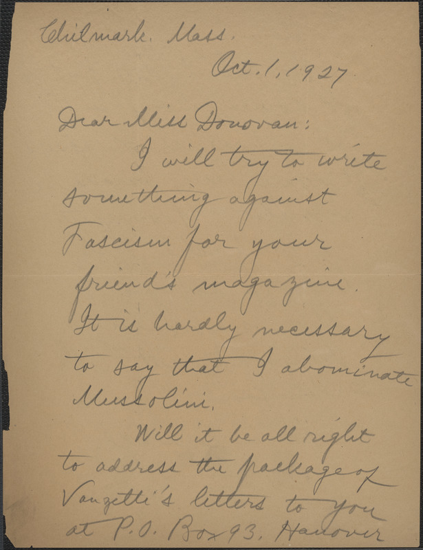 Alice Stone Blackwell autograph letter signed to Mary Donovan, Chilmark, Mass., October 1, 1927