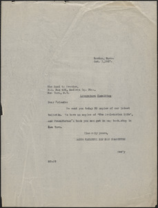 Mary Donovan (Sacco-Vanzetti Defense Committee) typed note (copy) to The Road to Freedom, Boston, Mass., October 1, 1927