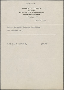 Wilber F. Turner typed statement to Sacco-Vanzetti Defense Committee, Boston, Mass., October 1, 1927