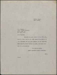 Joseph Moro (Sacco-Vanzetti Defense Committee) typed letter (copy) to James P. Cannon (International Labor Defense), Boston, Mass., October 1, 1927