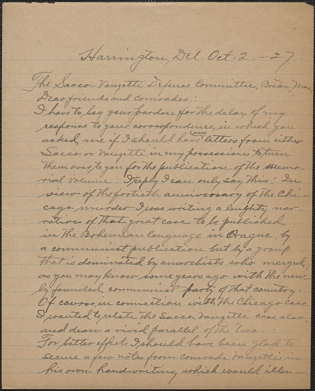 Leonard Schwartz autograph document to SaccoVanzetti Defense Committee