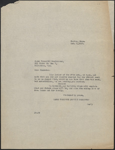 Joseph Moro (Sacco-Vanzetti Defense Committee) typed letter (copy) to Sacco-Vanzetti Conference of Milwaukee), Boston, Mass., October 3, 1927