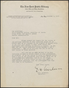 E. H. Anderson (New York Public Library, Astor, Lenox, and Tilden Foundations) typed letter signed to Sacco-Vanzetti Defense Committee, New York, N. Y., October 3, 1927