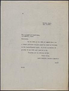 Sacco-Vanzetti Defense Committee typed note (copy) to The Springfield Republican, Boston, Mass., October 4, 1927