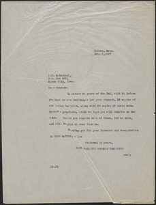 Joseph Moro (Sacco-Vanzetti Defense Committee) typed note (copy) to P. R. Matkowski, Boston, Mass., October 5, 1927