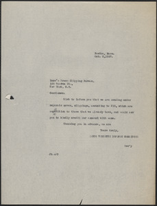 Joseph Moro (Sacco-Vanzetti Defense Committee) typed note (copy) to Luce's Press Clipping Bureau, Boston, Mass., October 5, 1927