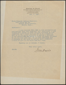 Samuel M. Davis typed note signed to Sacco-Vanzetti Defense Committee, Santa Ana, Calif., October 7, 1927