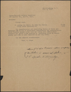 Thomas J. Lloyd typed note to Sacco-Vanzetti Defense Committee, Bloomingburg, N. Y., October 9, 1927