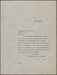 Joseph Moro (Sacco-Vanzetti Defense Committee) typed note (copy) to The Springfield Republican, Boston, Mass., October 10, 1927