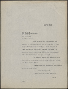 Joseph Moro (Sacco-Vanzetti Defense Committee) typed letter (copy) to Ludwig Lore (New Yorker Volkszeitung), Boston, Mass., October 11, 1927