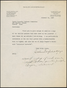 Arthur G. Hays typed note signed to Sacco-Vanzetti Defense Committee, New York, N. Y., October 11, 1927