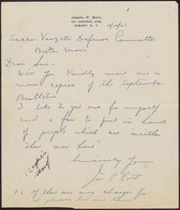 Joseph P. Roth autograph letter signed to Sacco-Vanzetti Defense Committee, Albany, N. Y., October 12, 1927