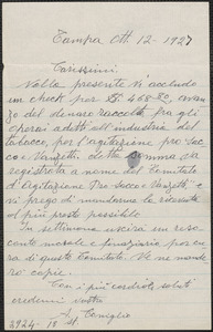 [Alfonso] Coniglio autograph note signed, in Italian, to Sacco-Vanzetti Defense Committee, Tampa, Fla., October 12, 1927