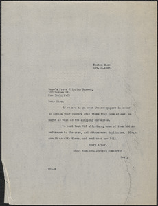 Mary Donovan (Sacco-Vanzetti Defense Committee) typed note (copy) Luce's Press Clipping Bureau, Boston, Mass., October 13, 1927