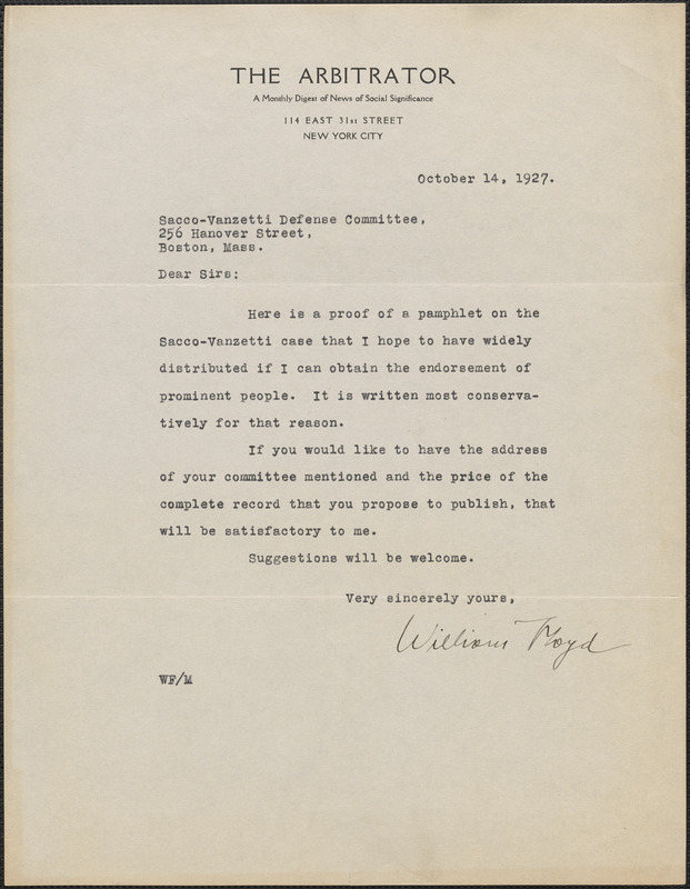 William Floyd (The Arbitrator) typed letter signed to Sacco-Vanzetti Defense Committee, New York, N. Y., October 14, 1927
