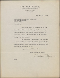 William Floyd (The Arbitrator) typed letter signed to Sacco-Vanzetti Defense Committee, New York, N. Y., October 14, 1927