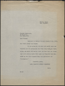 Mary Donovan (Sacco-Vanzetti Defense Committee) typed note (copy) to Clarina Michelson, Boston, Mass., October 14, 1927