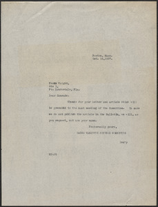 Mary Donovan (Sacco-Vanzetti Defense Committee) typed note (copy) to Frank Voight, Boston, Mass., October 14, 1927