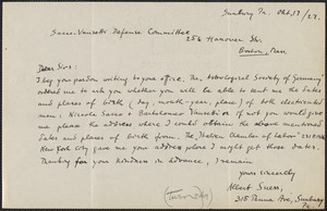 Albert Suess autograph note signed to Sacco-Vanzetti Defense Committee, Sudbury, Pa., October 17, 1927